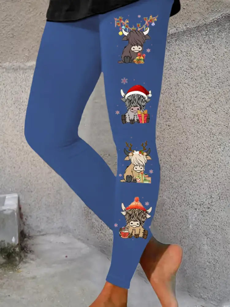 Women’s Christmas Highland Cow Printed bottoms Blue / S