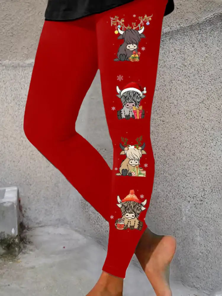 Women’s Christmas Highland Cow Printed bottoms Red / S