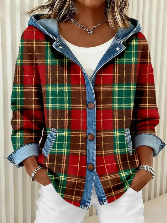 Women’s Christmas Inspired Plaid Pattern Patchwork Art Hooded Cardigan As picture / S