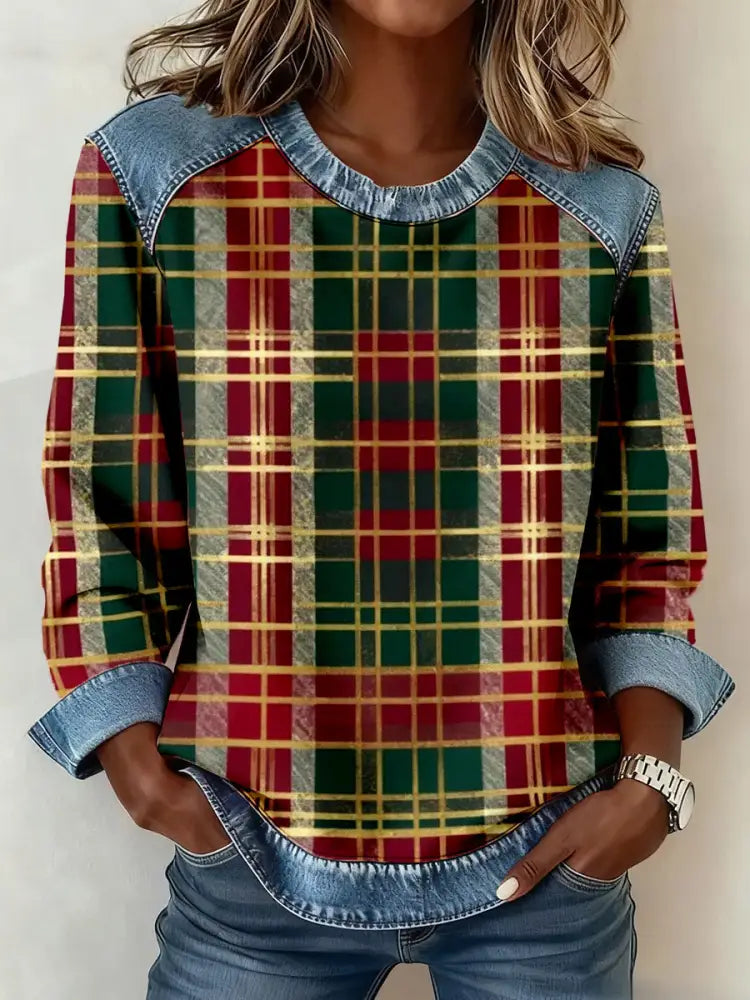 Women’s Christmas Inspired Plaid Pattern Patchwork Art Sweatshirt As picture / S