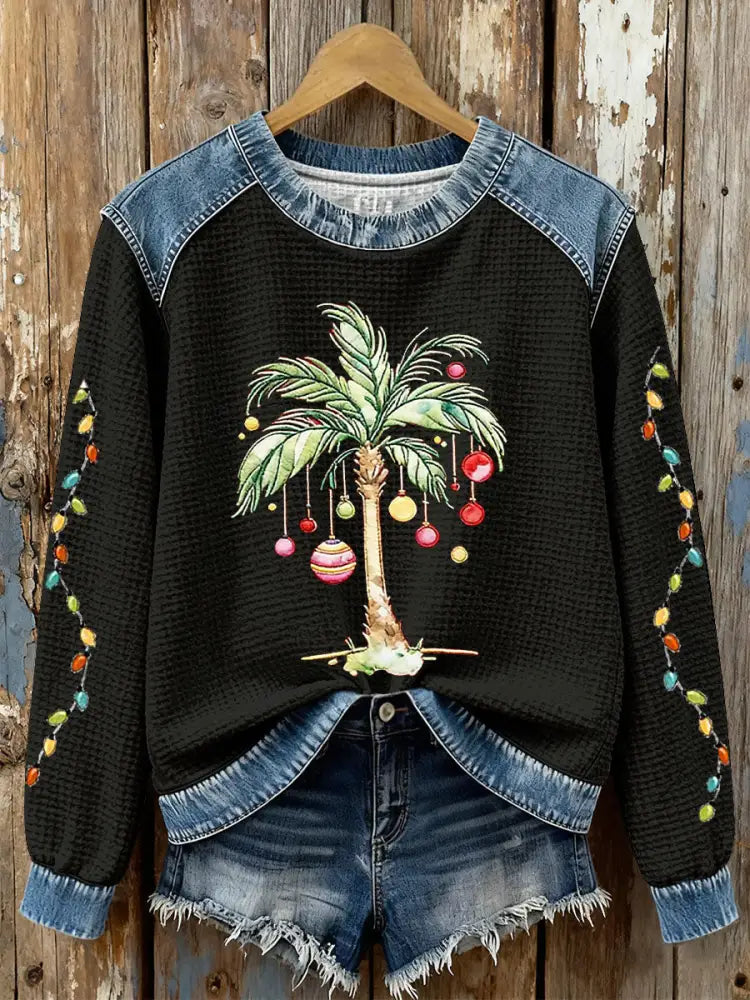 Women’s Christmas Palm Tree Print Casual Top Black / S