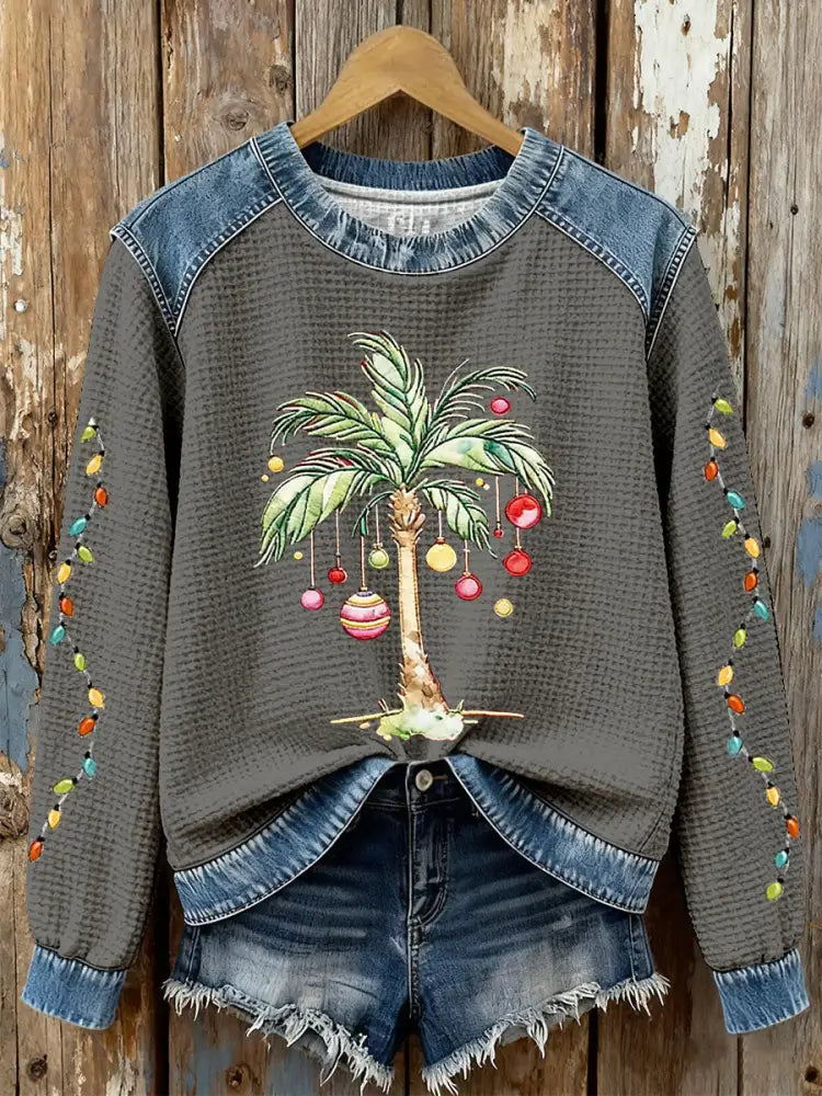 Women’s Christmas Palm Tree Print Casual Top Gray / S