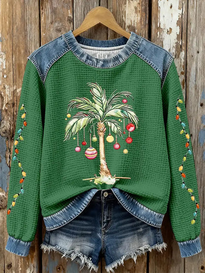 Women’s Christmas Palm Tree Print Casual Top Green / S