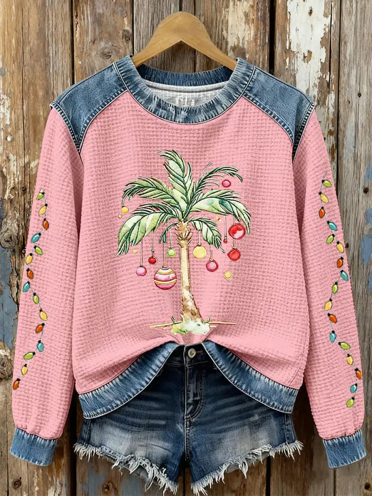 Women’s Christmas Palm Tree Print Casual Top Pink / S
