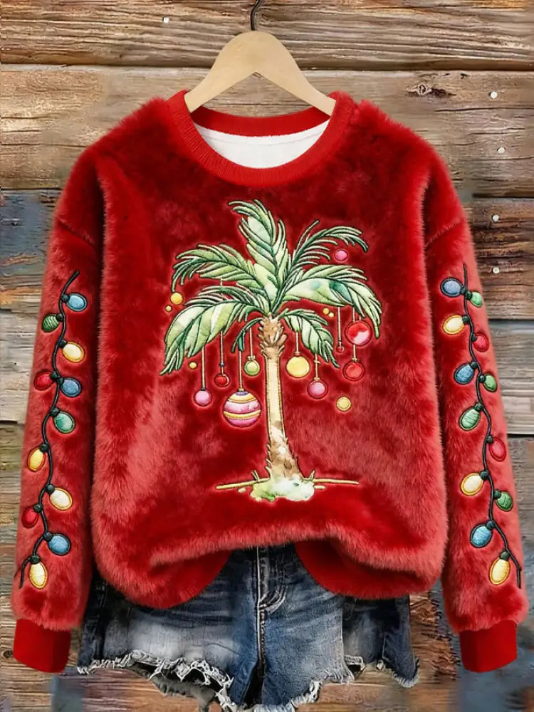 Women’s Christmas Palm Tree Print Casual Top Red / S