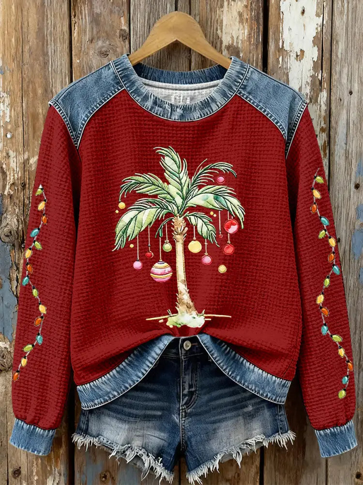 Women’s Christmas Palm Tree Print Casual Top Red / S