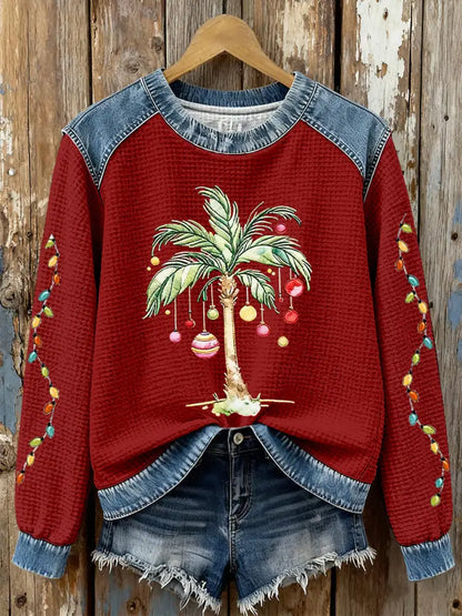 Women’s Christmas Palm Tree Print Casual Top Red / S