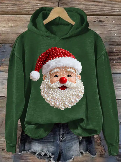 Women’s Christmas Pearl Santa Claus Print Casual Hoodie Green / S
