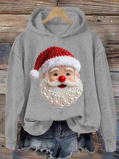 Women’s Christmas Pearl Santa Claus Print Casual Hoodie Light Gray / S