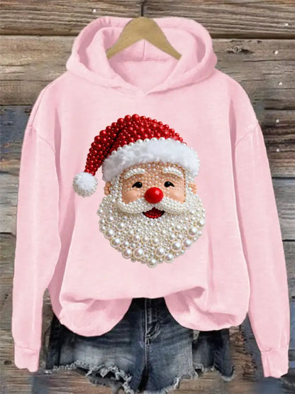 Women’s Christmas Pearl Santa Claus Print Casual Hoodie Pink / S