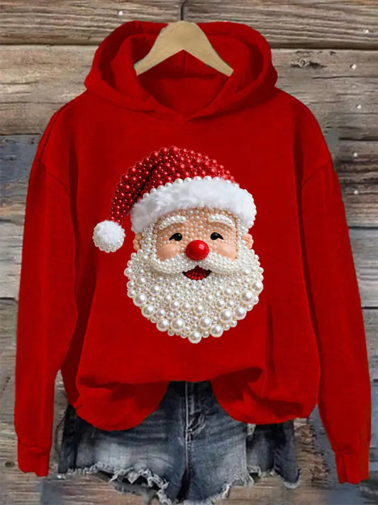 Women’s Christmas Pearl Santa Claus Print Casual Hoodie Red / S