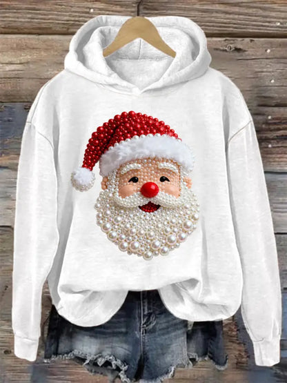 Women’s Christmas Pearl Santa Claus Print Casual Hoodie White / S
