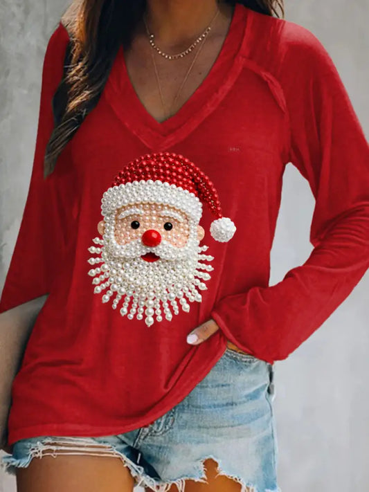 Women’s Christmas Pearl Santa Claus Print Casual Long-Sleeve V-Neck T-Shirt Red / S