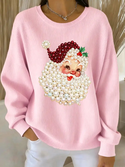 Women’s Christmas Pearl Santa Claus Print Casual Sweater Pink / S