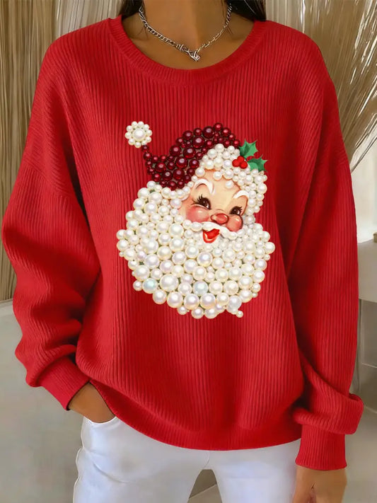 Women’s Christmas Pearl Santa Claus Print Casual Sweater Red / S