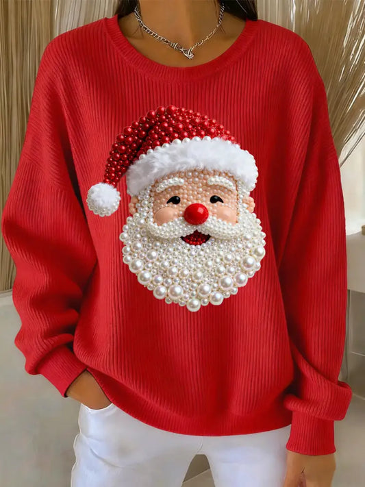 Women’s Christmas Pearl Santa Claus Print Casual Sweater Red / S