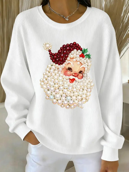 Women’s Christmas Pearl Santa Claus Print Casual Sweater White / S