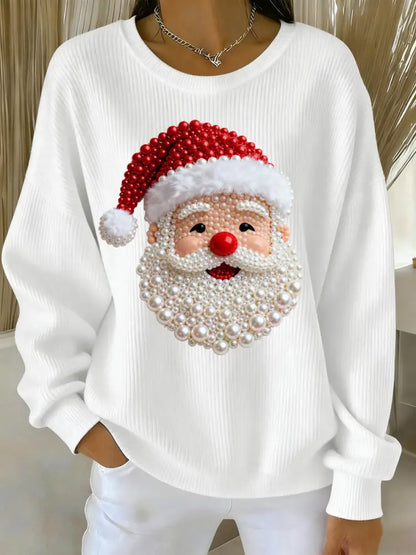 Women’s Christmas Pearl Santa Claus Print Casual Sweater White / S
