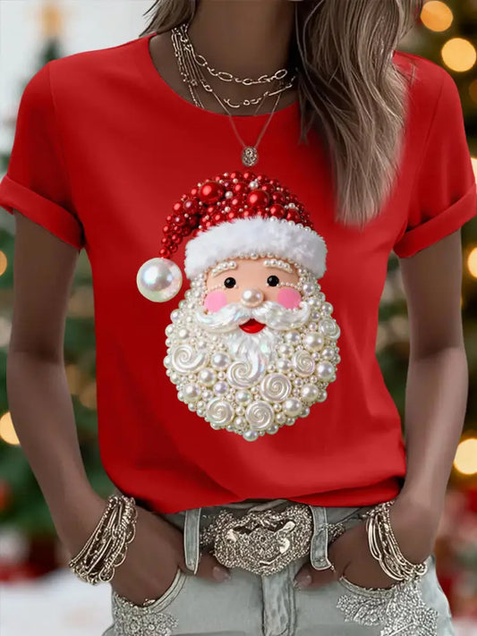 Women’s Christmas Pearl Santa Claus Print Casual Tee Red / S