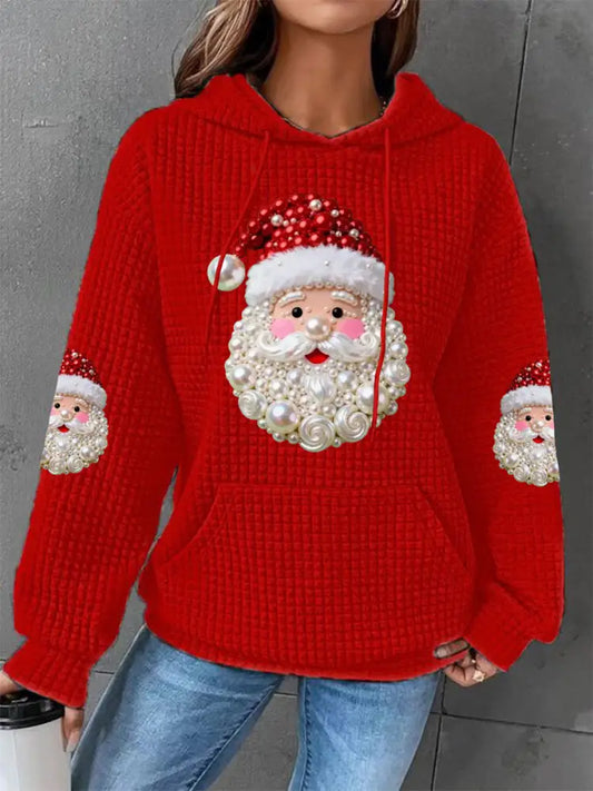 Women’s Christmas Pearl Santa Claus Print Casual Waffle Hoodie Red / S