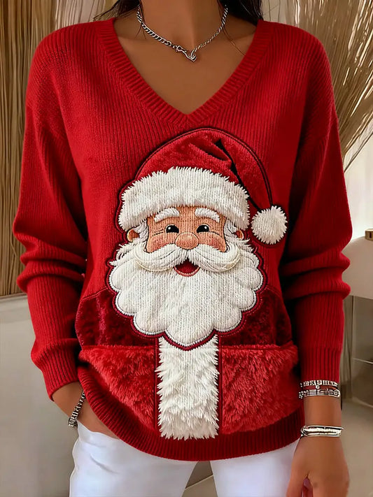Women’s Christmas Santa Claus Art V-Neck Ribbed Top