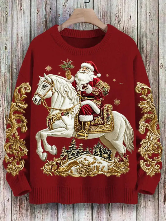 Women’s Christmas Santa Claus Print Art Casual Knitted Sweater Red / S