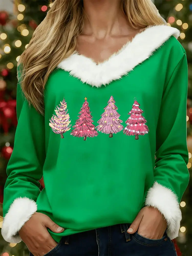 Women’s Christmas Tree Print Casual Fur Collar Top Green / S