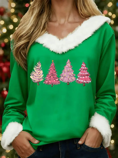 Women’s Christmas Tree Print Casual Fur Collar Top Green / S