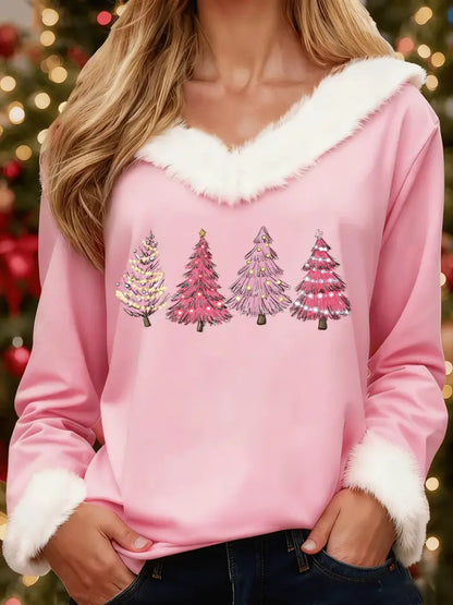 Women’s Christmas Tree Print Casual Fur Collar Top Pink / S