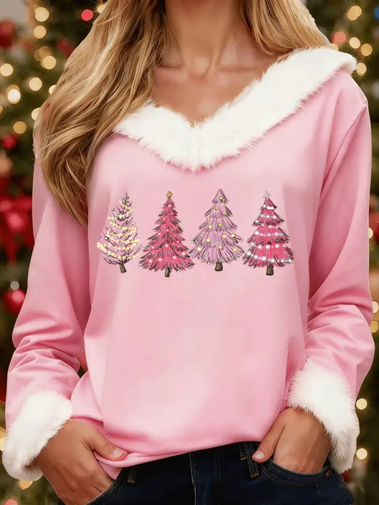 Women’s Christmas Tree Print Casual Fur Collar Top Pink / S