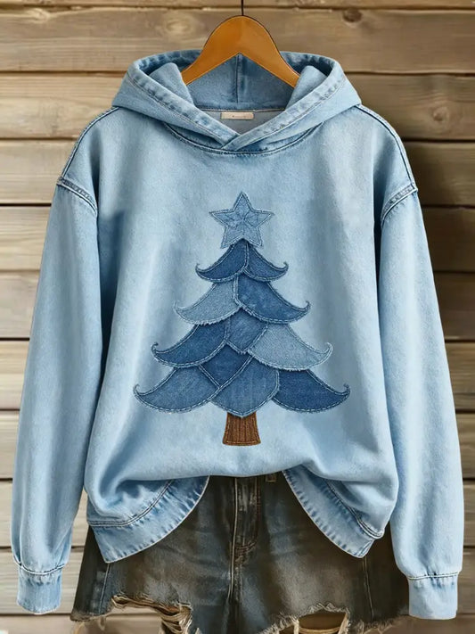 Women’s Christmas Tree Print Casual Hoodie Blue / S