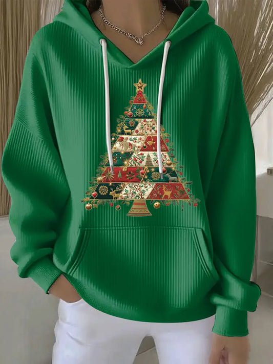 Women’s Christmas Tree Print Casual Hoodie Green / S