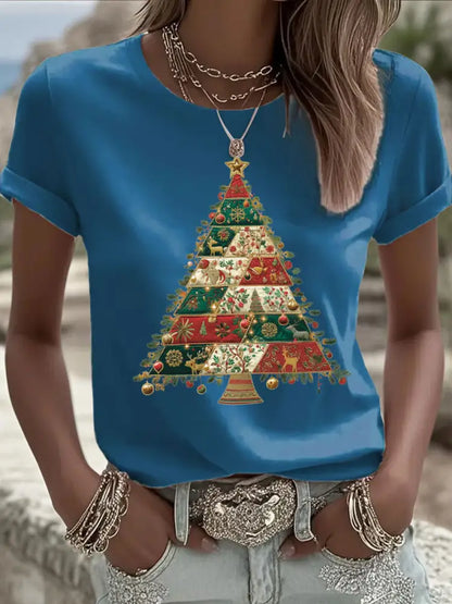 Women’s Christmas Tree Print Casual T-shirt Blue / S