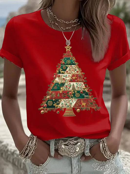 Women’s Christmas Tree Print Casual T-shirt Red / S