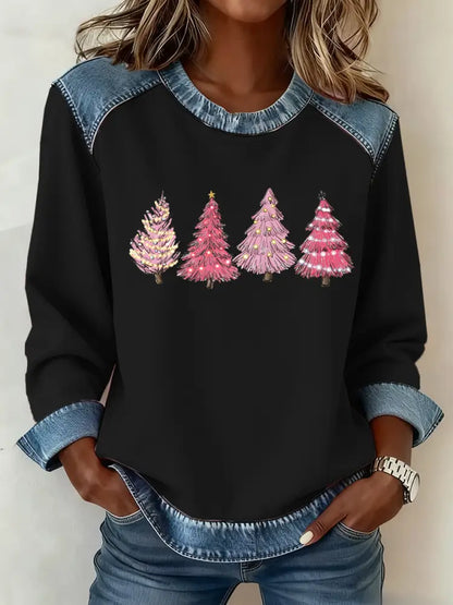 Women’s Christmas Tree Print Casual Top Black / S
