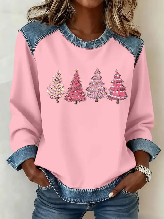 Women’s Christmas Tree Print Casual Top Pink / S