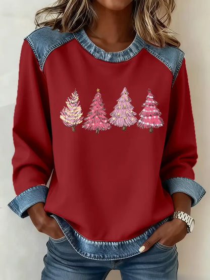 Women’s Christmas Tree Print Casual Top Red / S