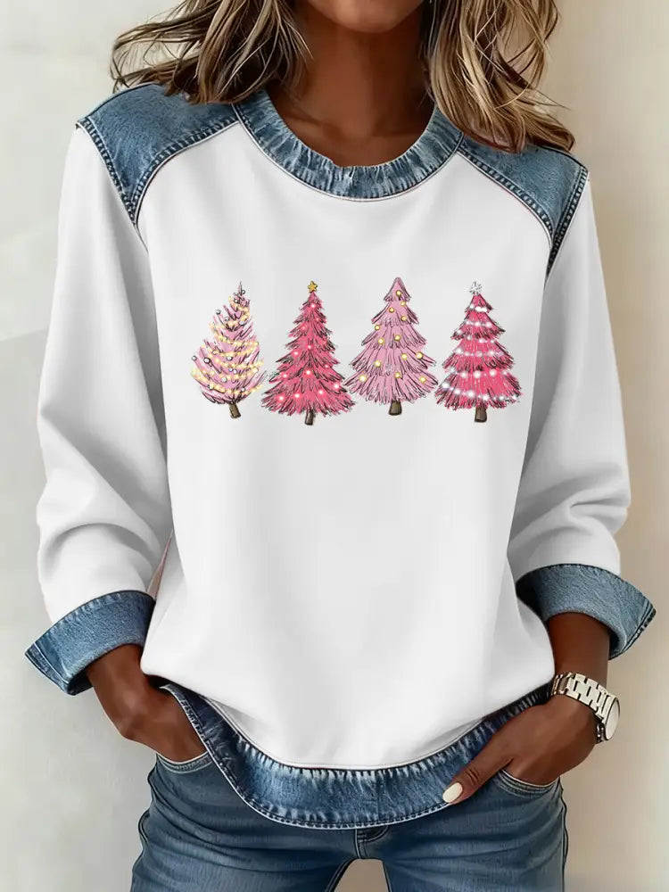 Women’s Christmas Tree Print Casual Top White / S