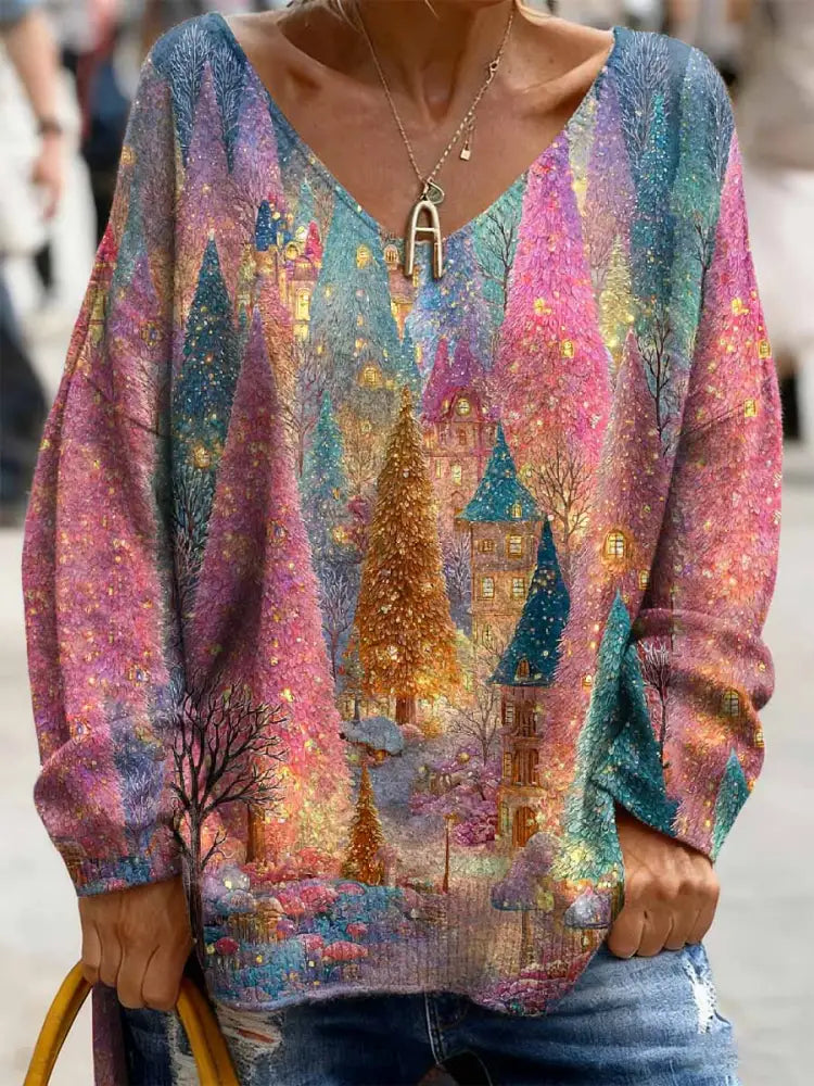 Women’s Christmas Tree Print V Neck Top As picture / S