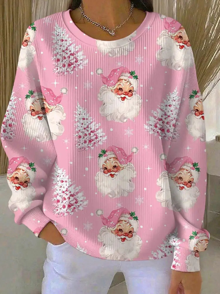 Women’s Christmas Tree Santa Claus Print Ribbed Round-Neck Sweatshirt Pink / S