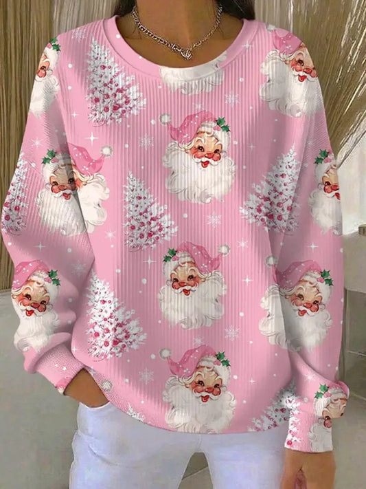 Women’s Christmas Tree Santa Claus Print Ribbed Round-Neck Sweatshirt Pink / S