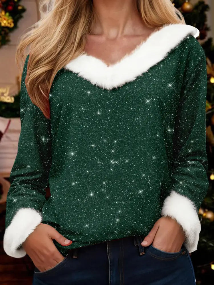 Women’s Christmas V-neck Tops Dark Green / S