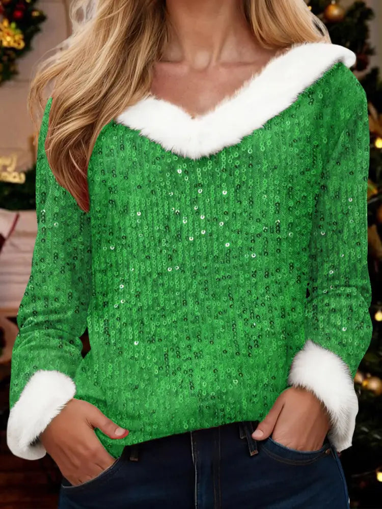 Women’s Christmas V-neck Tops Green / S