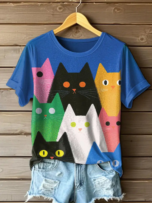 Womens Colorful Cat Art Print T-Shirt As picture / S