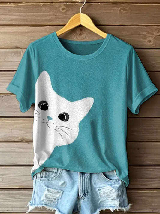 Womens Cute Cat Art Print T-Shirt As picture / S