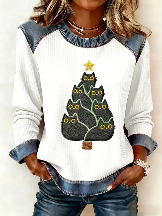 Women’s Cute Cat Christmas Tree Denim Patchwork Top White / S
