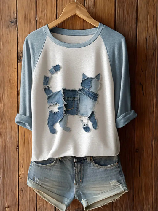 Women’s Cute Cat Patchwork Art Long Sleeve T-Shirt Light Blue / S