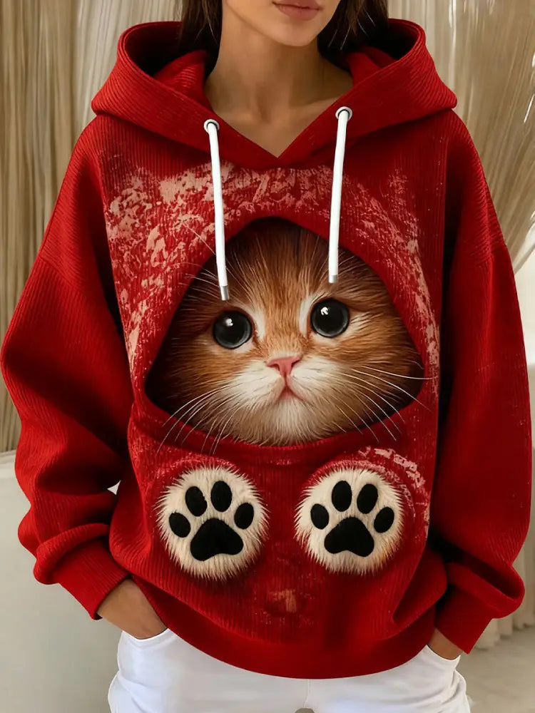 Women’s Cute Christmas Cat Art Drawstring Hoodie Deep Red / S