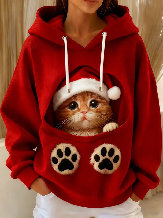Women’s Cute Christmas Cat Art Drawstring Hoodie Deep Red / S