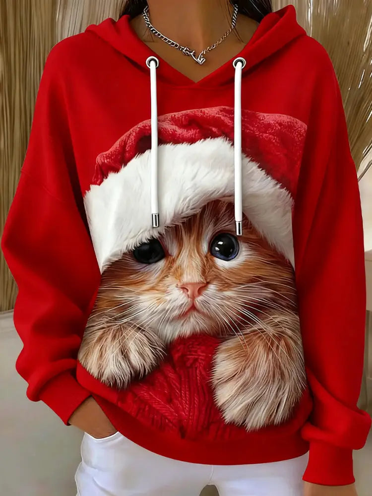 Women’s Cute Christmas Cat Art Drawstring Hoodie Red / S